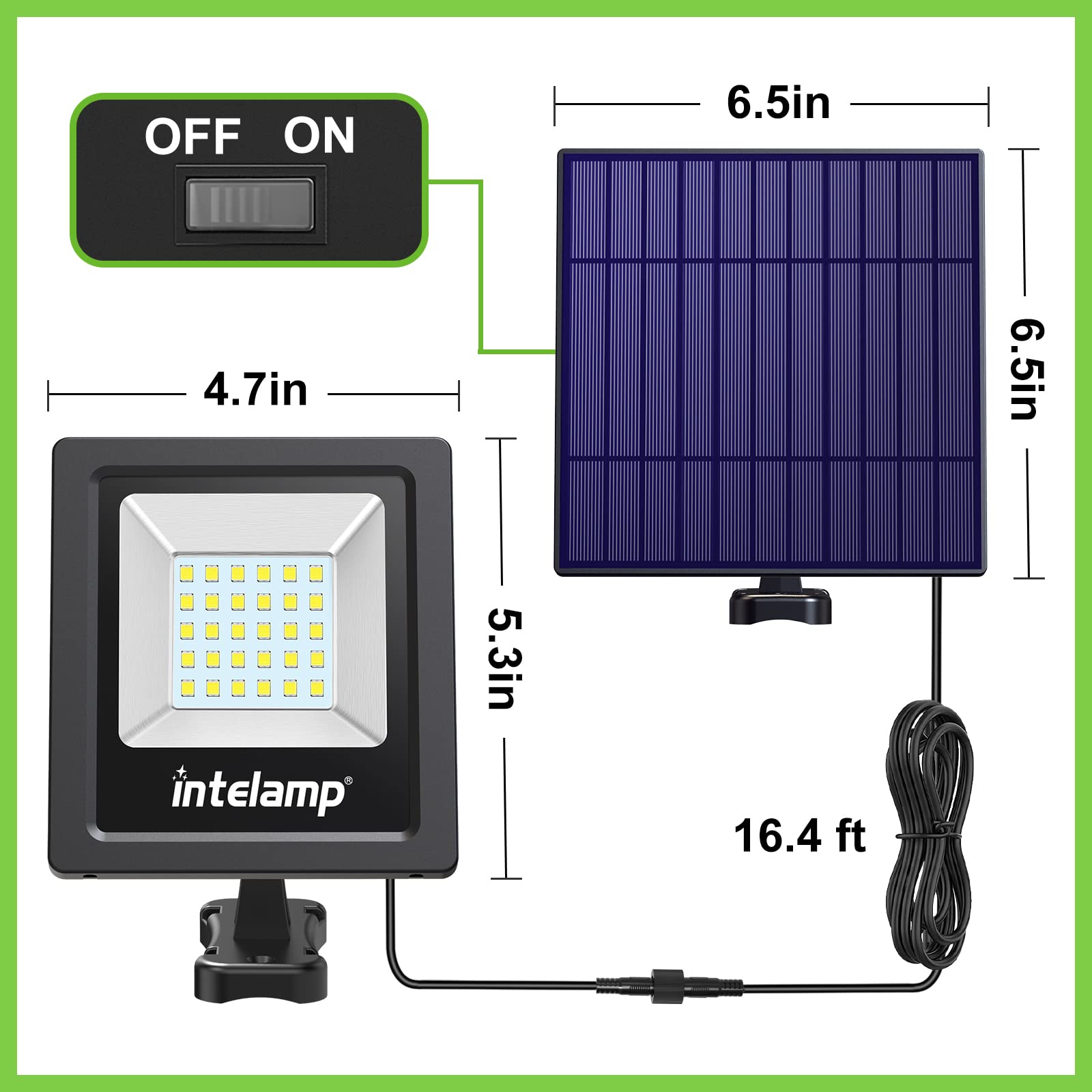Intelamp solar panel and battery image shows energy-efficient outdoor power