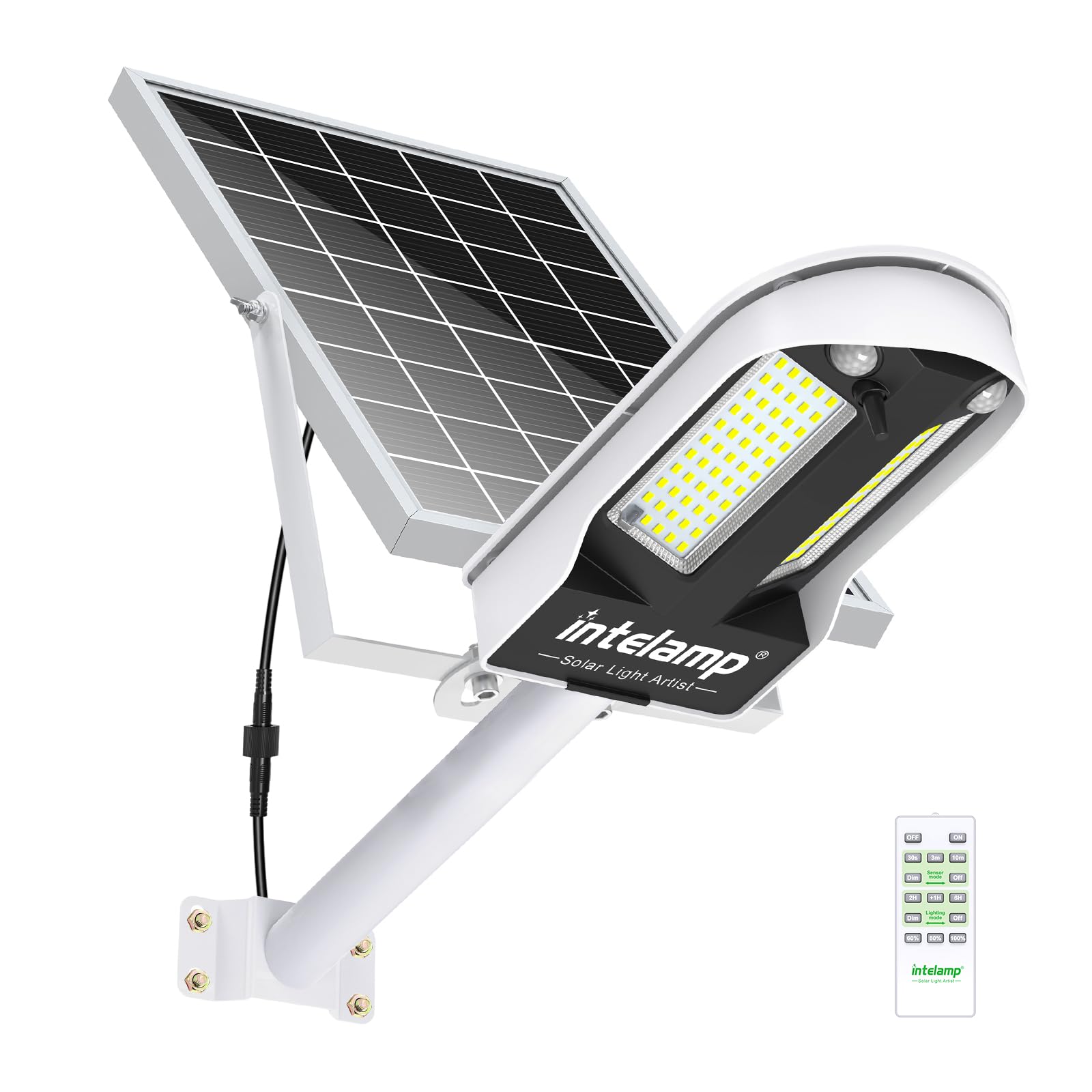 Intelamp solar street light front view delivering 3000LM brightness for wide-area coverage.