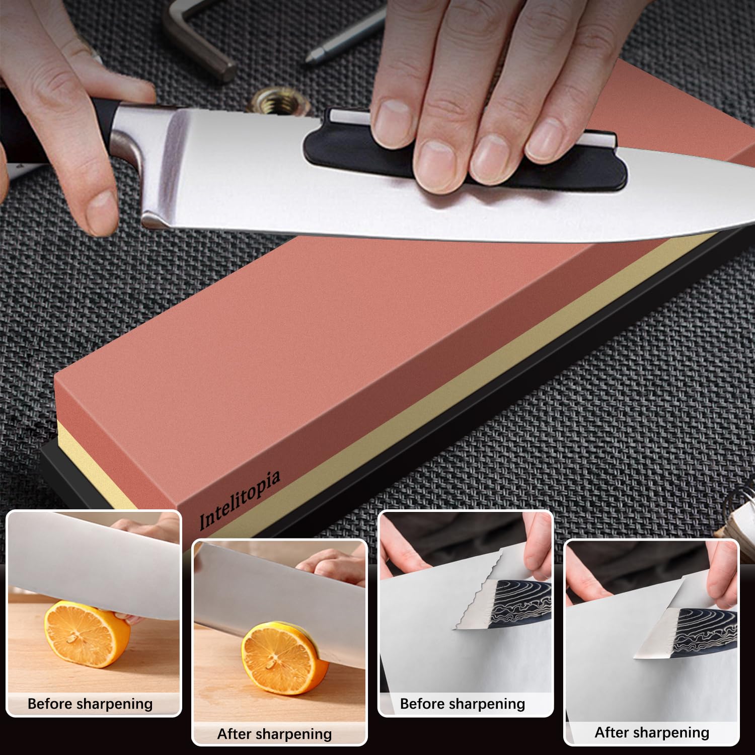 Intelitopia bamboo base provides a stable sharpening surface
