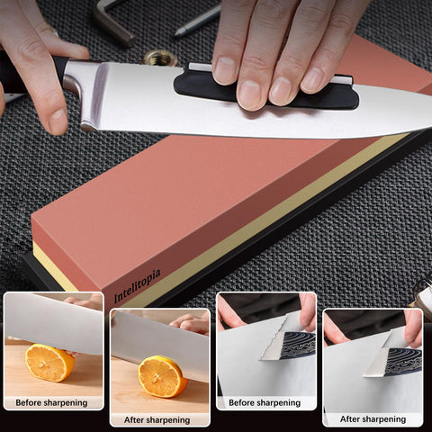 Intelitopia bamboo base provides a stable sharpening surface
