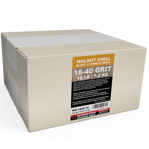 Interactivia walnut shell media 18-40 grit bag for gentle blasting and cleaning surfaces.