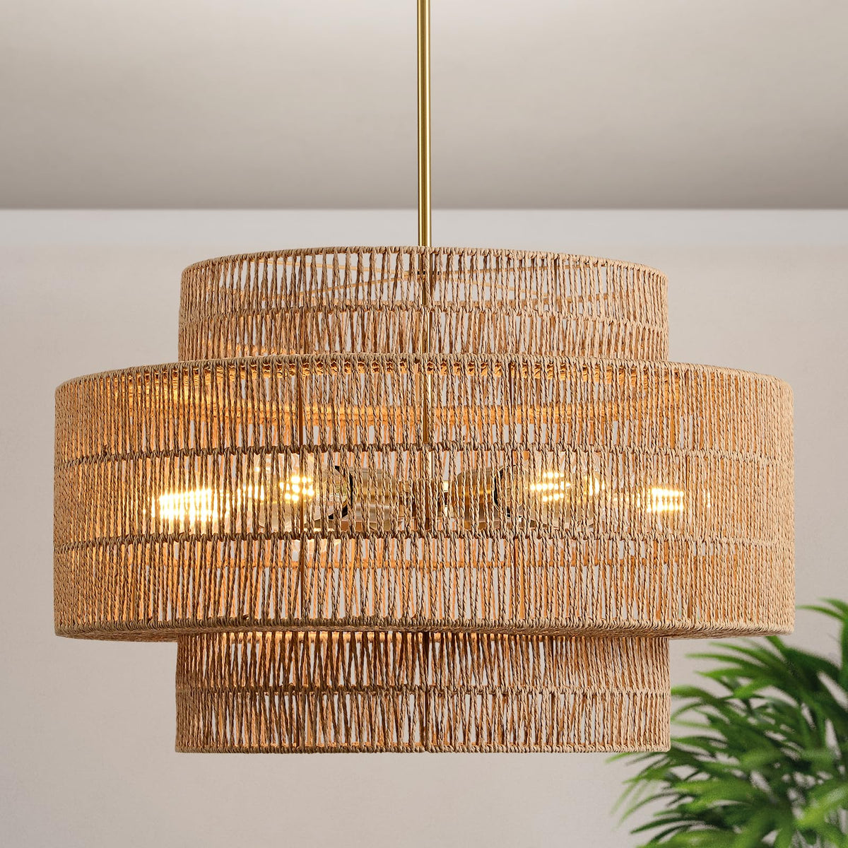 InterMaka boho chandelier handwoven rattan for warm ambient lighting.