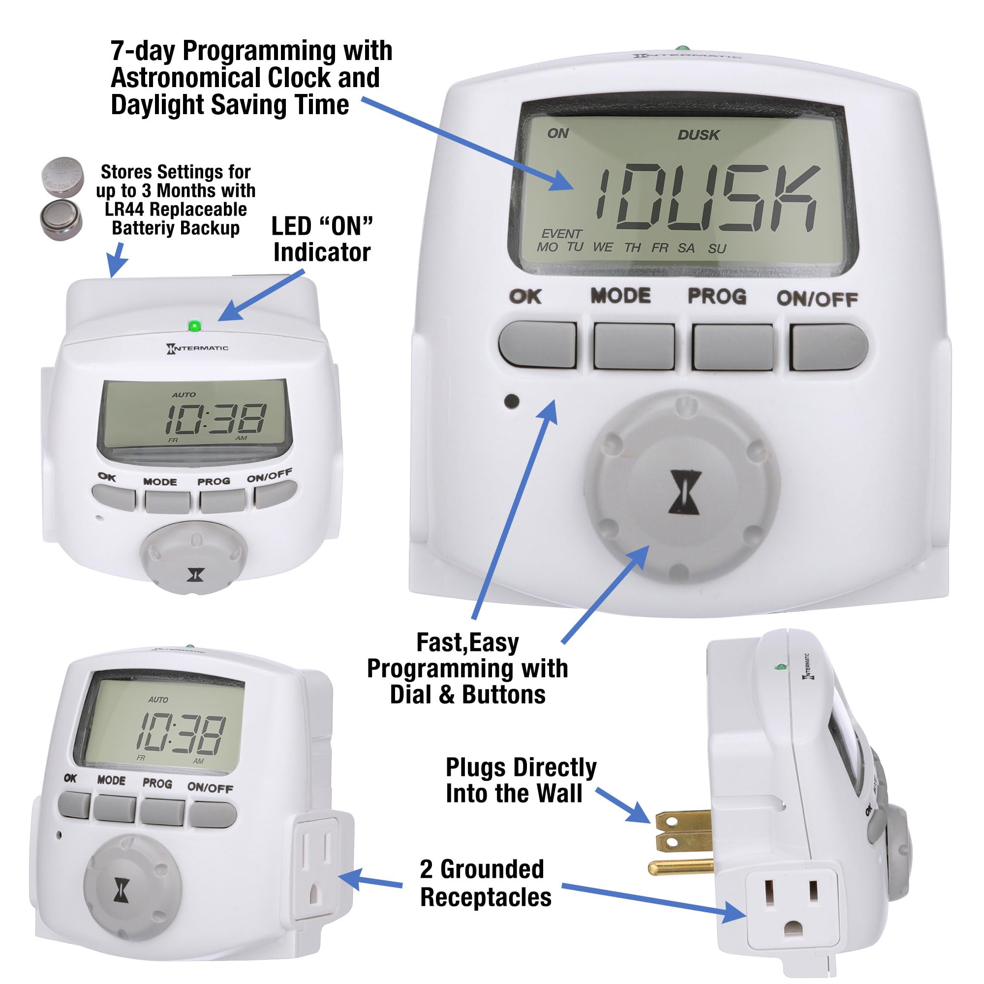Intermatic DT620 dual outlets enable scheduling for two devices.
