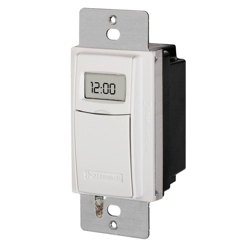 Intermatic ST01K in-wall timer display showing time and load with auto DST adjustment for retrofit lighting.