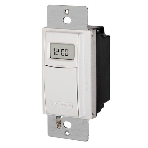 Intermatic ST01K in-wall timer display showing time and load with auto DST adjustment for retrofit lighting.
