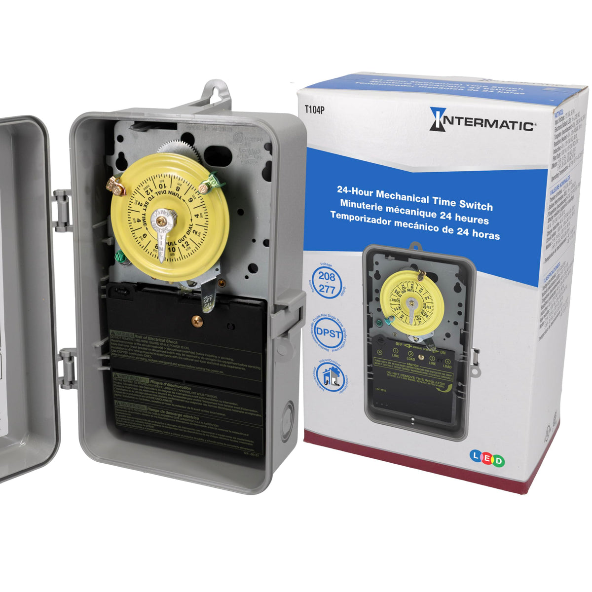 Intermatic T104P 24-hour timer front view with DPST switch for precise daily control.
