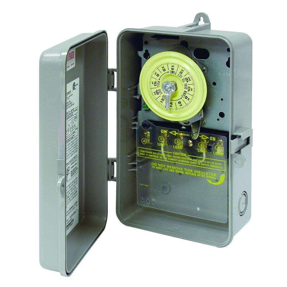 Intermatic T104P timer enclosure detail shows weather-resistant plastic housing for indoor/outdoor use.