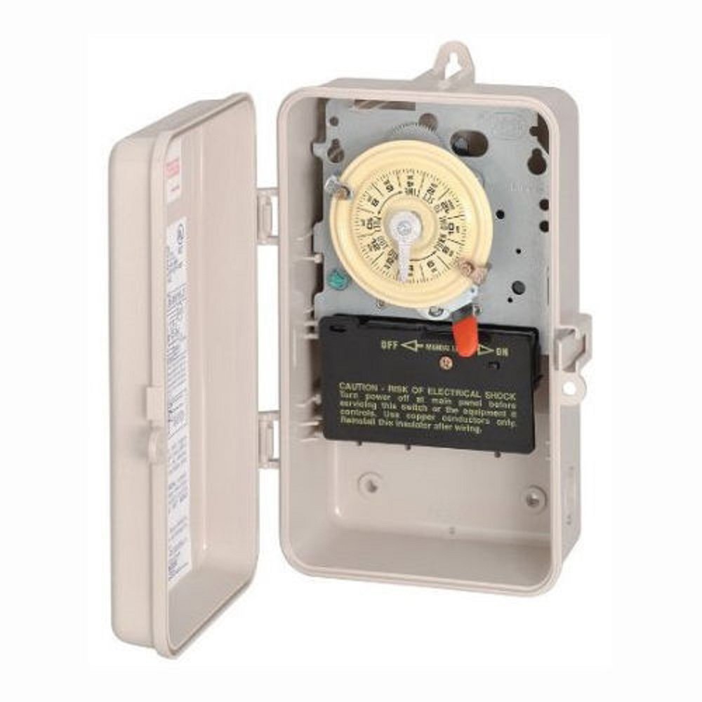 Intermatic T104P3 time switch, double pole, 1-hour on/off, ideal for outdoor lighting.