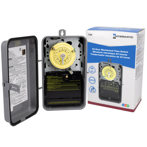 Intermatic T104R timer dial enabling 24-hour scheduling for lights and equipment.