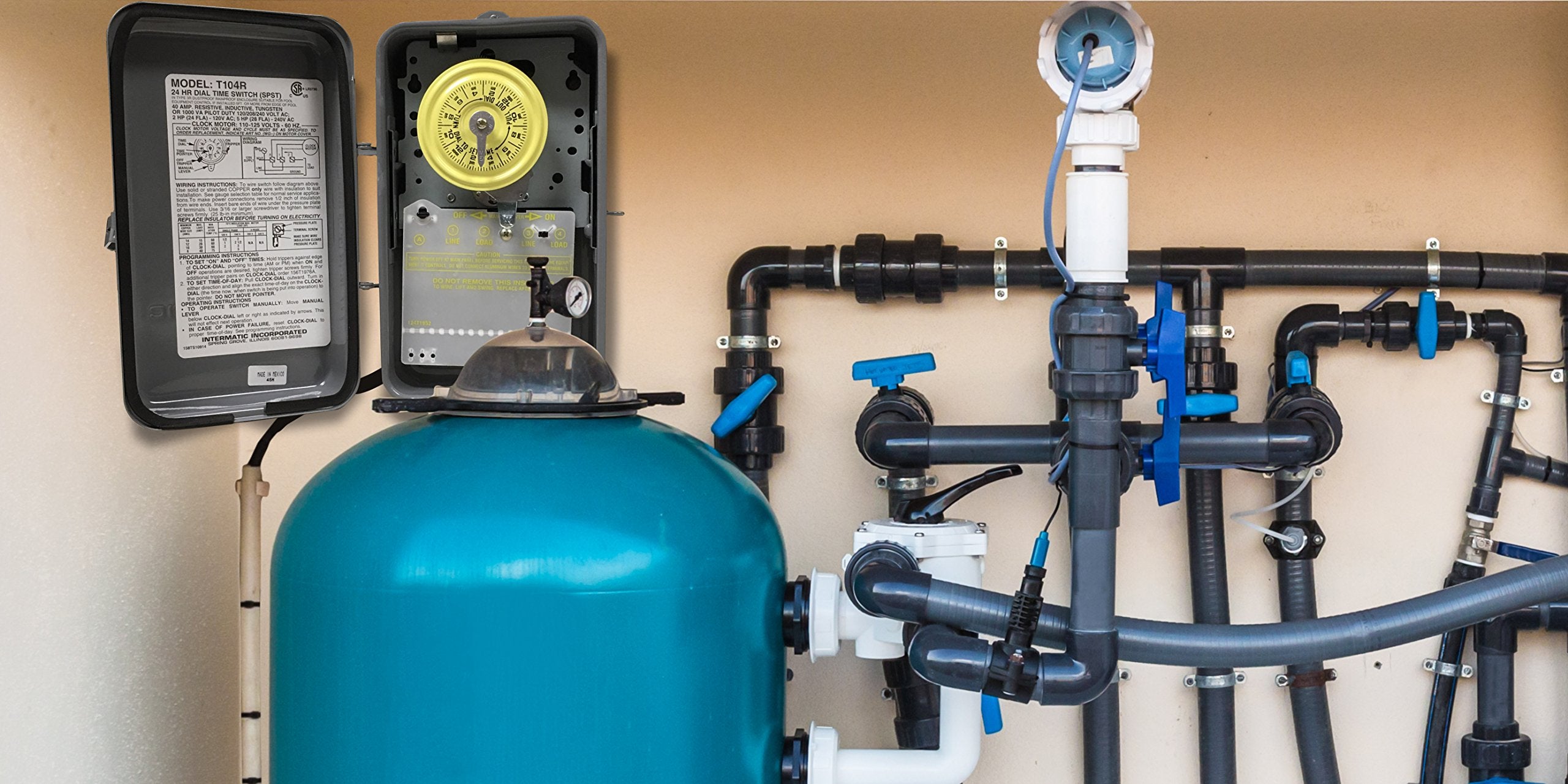 Intermatic T104R outdoor enclosure protecting timer in weather-prone area.
