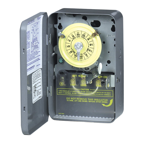 Intermatic WH40 timer front view highlighting compact steel housing and dial controls