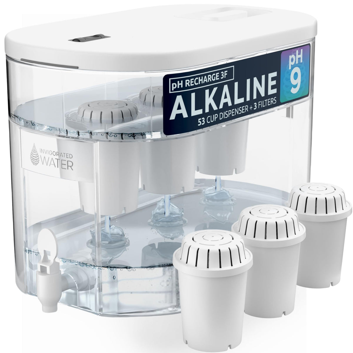 Invigorated Water alkaline dispenser on a kitchen counter with 52-cup capacity for family hydration.
