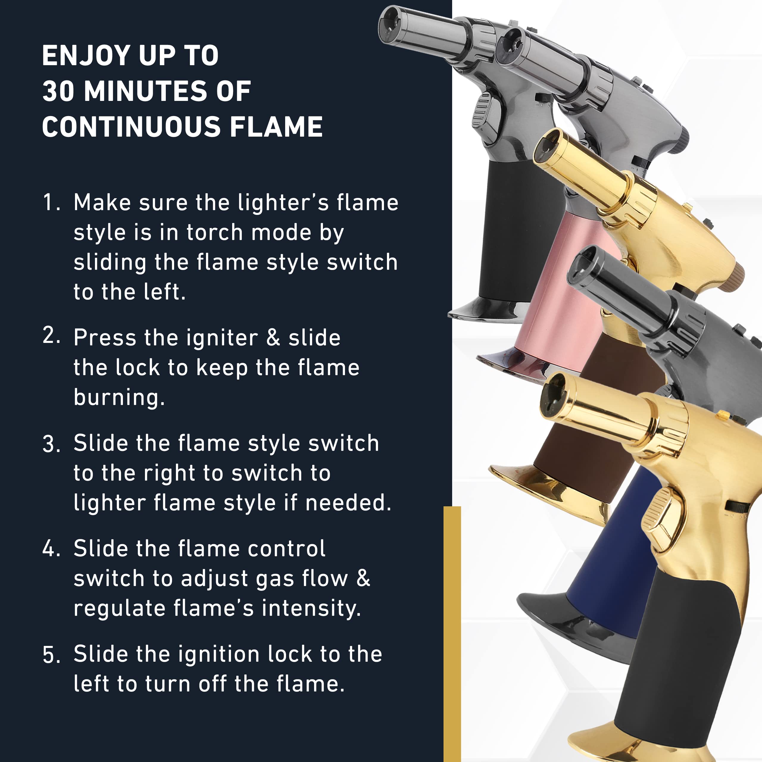 inZaynity dual flame torch ideal for creme brulee caramelization and searing.
