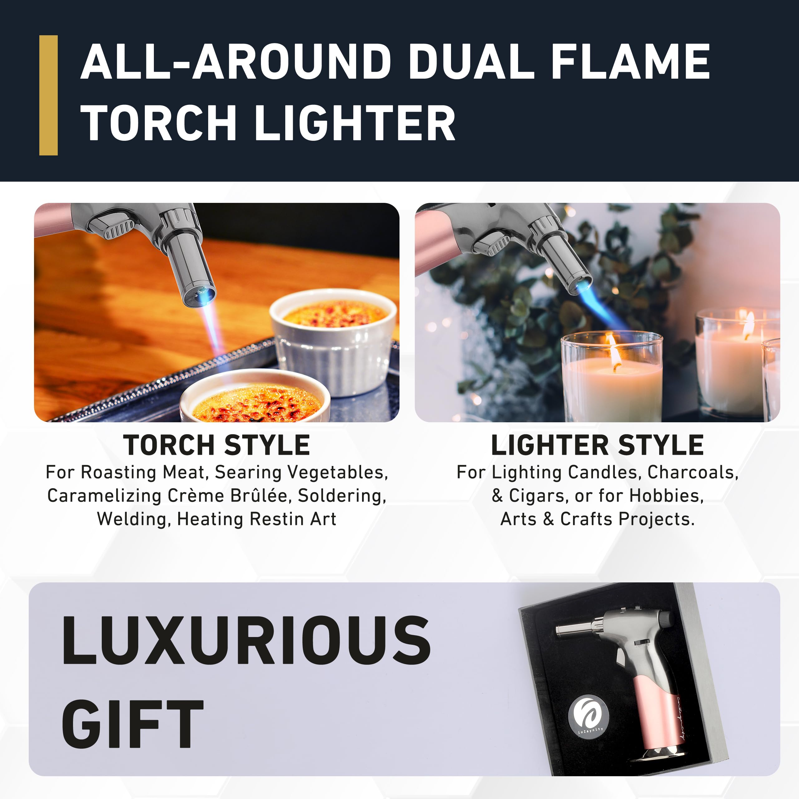 inZaynity dual flame torch ignition lock supports uninterrupted use during culinary or craft tasks