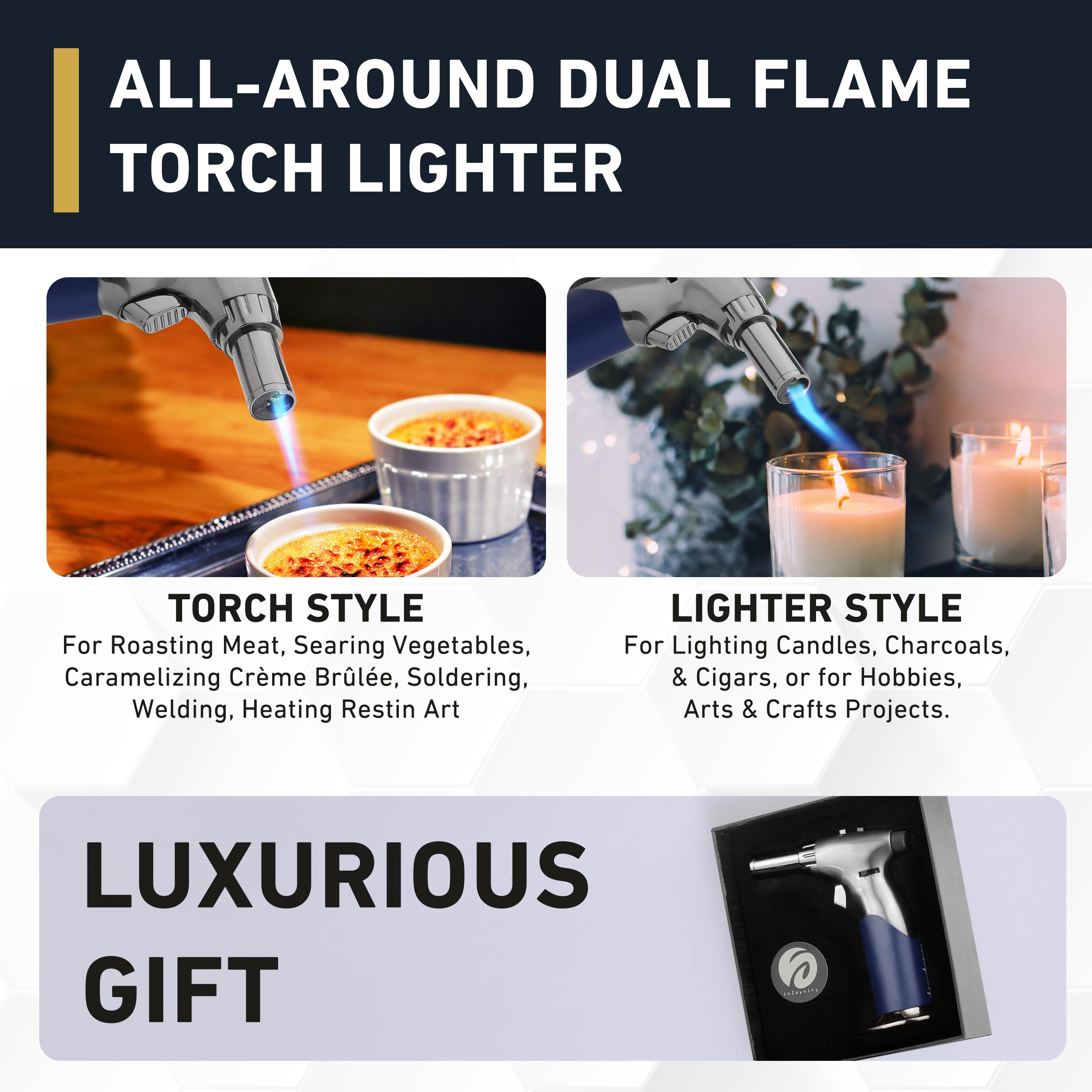 inZaynity Dual Flame Torch Gun in hand showing adjustable control knob