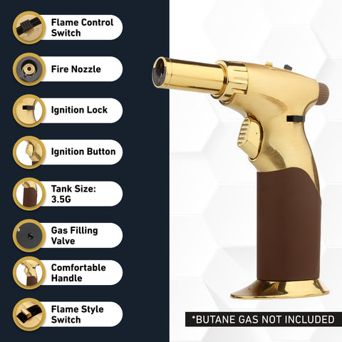 inZaynity dual flame torch crafted from kirksite and zinc alloy for durability.