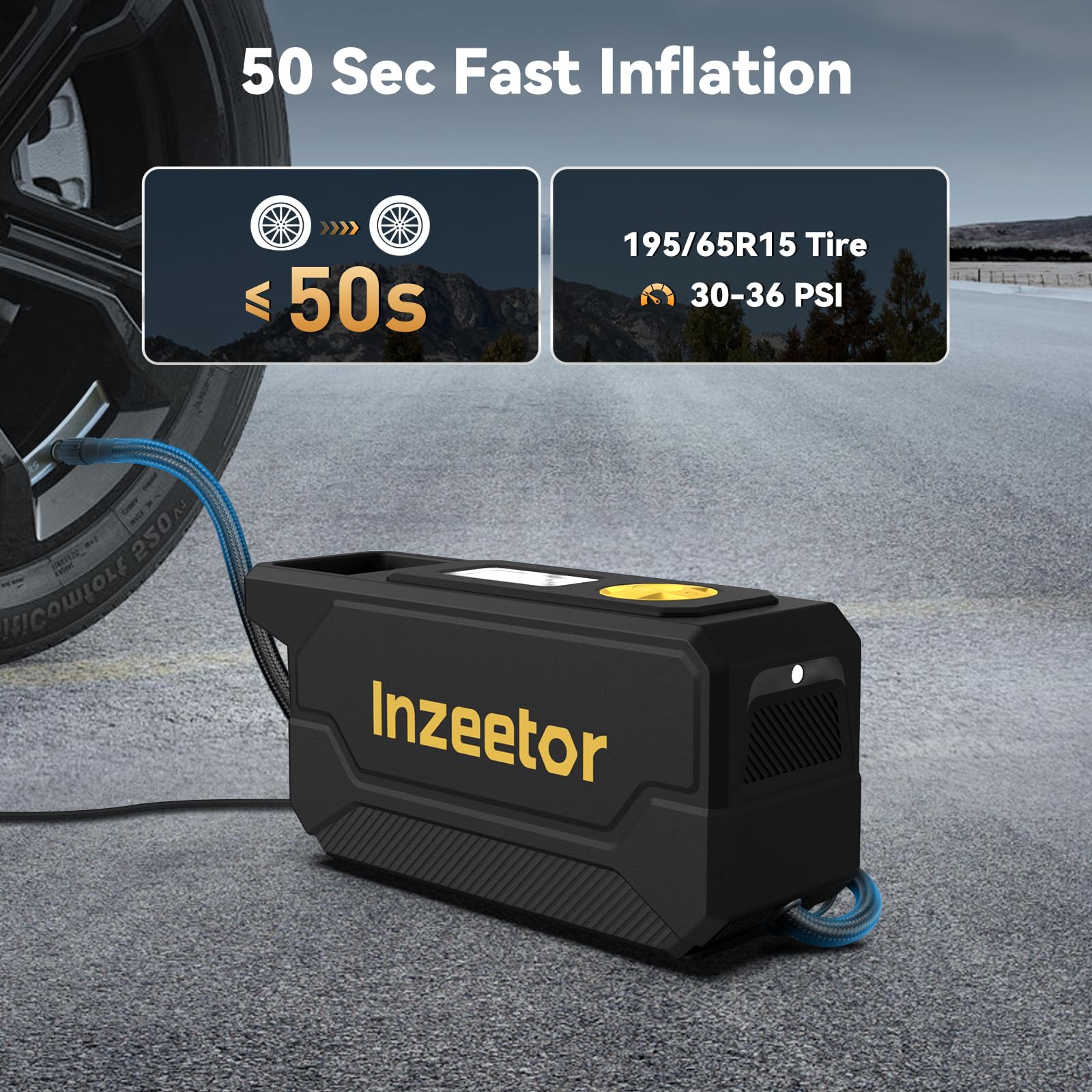 Inzeetor tire inflator digital gauge display highlights precise pressure readings for accuracy