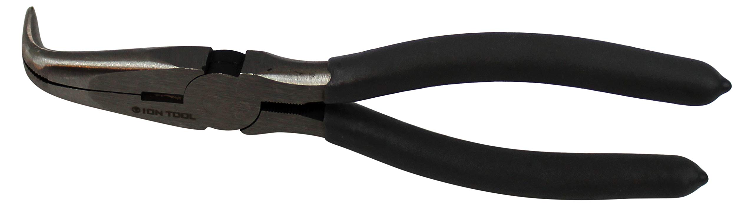 Ion Tool 7-inch angled needle nose pliers, front view, for precise gripping in tight spaces.