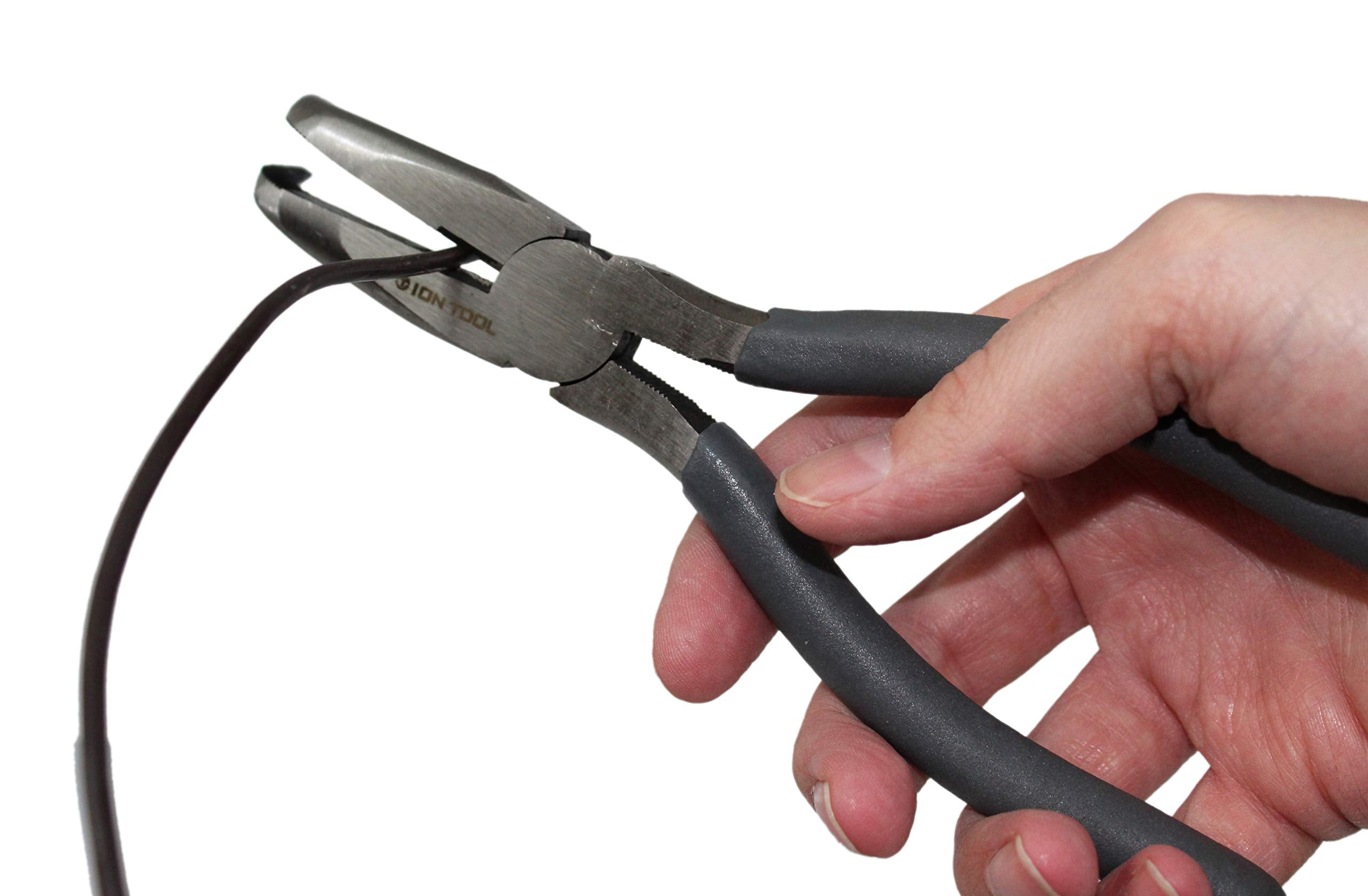 Ion Tool 7-inch angled needle nose pliers in use, versatile for shaping and twisting tasks.