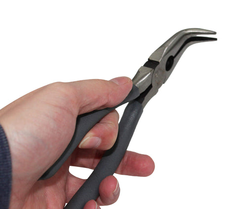 Ion Tool 7-inch angled needle nose pliers, side angle, reaching awkward angles with control.