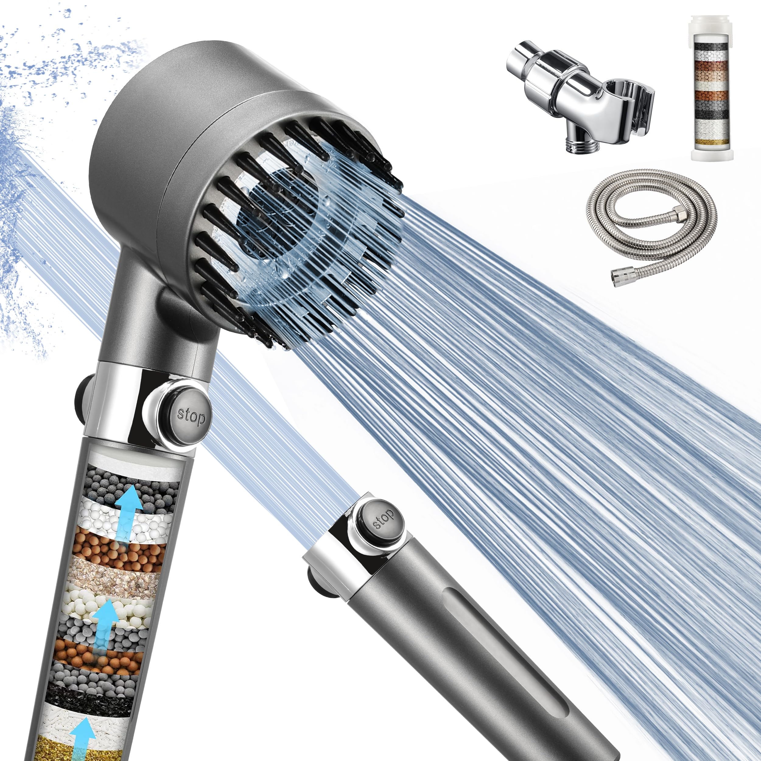 Iopsk filtered shower head with dual filters purifies water for softer skin and shinier hair.