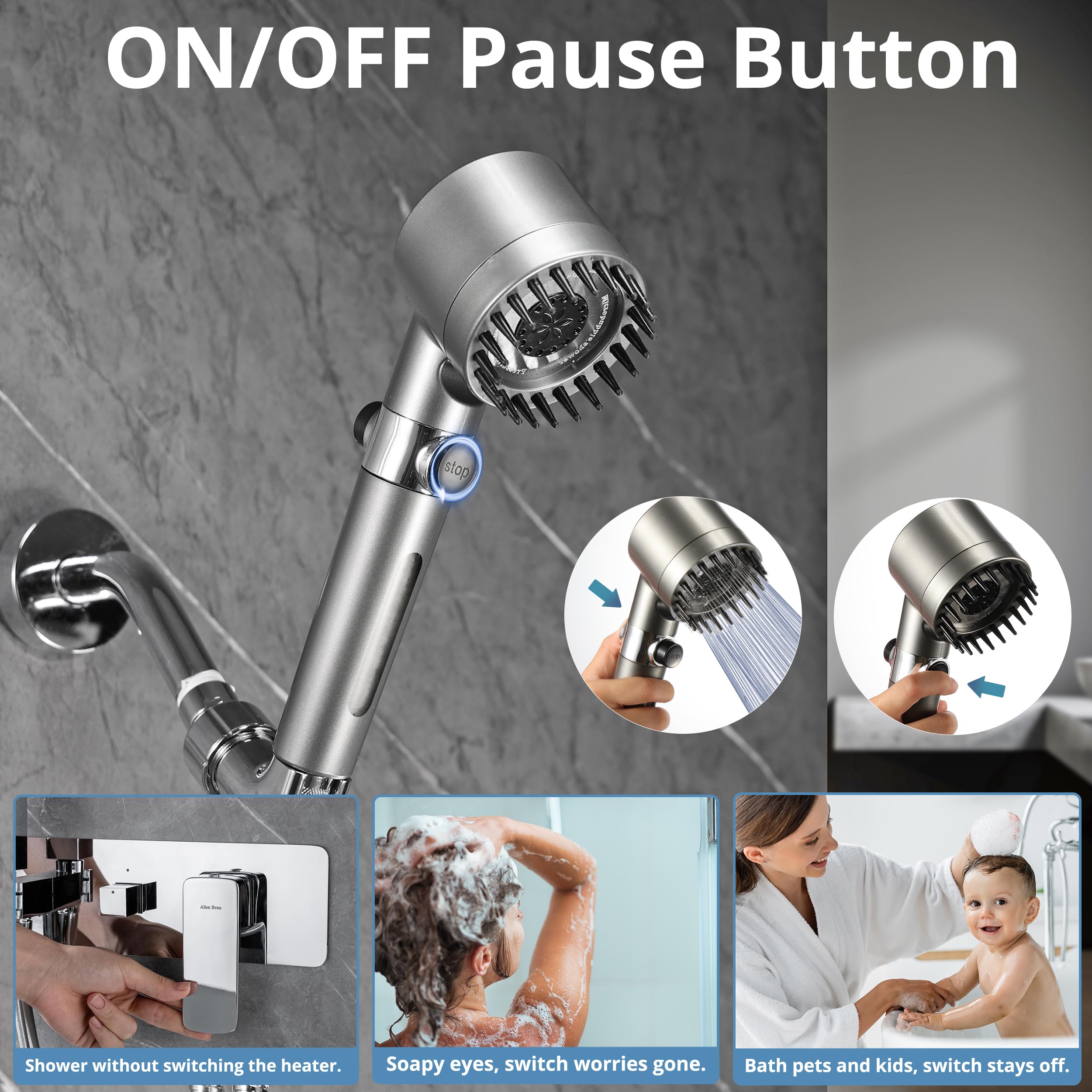 Iopsk shower head with on-off switch saves water during lathers and quick rinse.