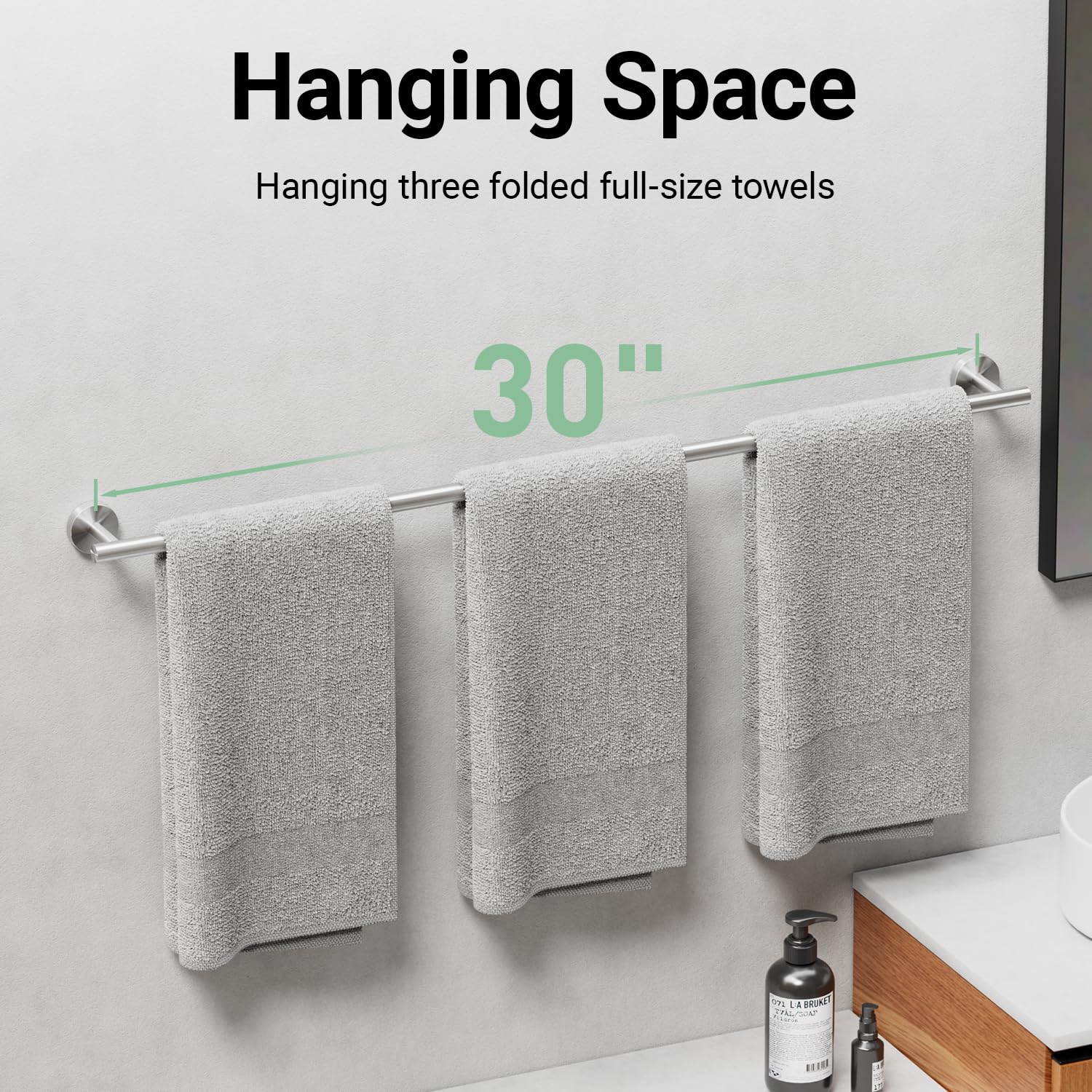 IOQ towel bar 3-inch from wall provides space for quick towel drying.