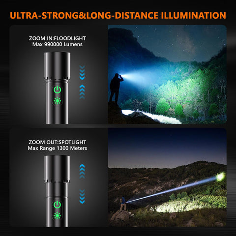 IPEROT flashlight with adjustable focus to switch from spot to flood.