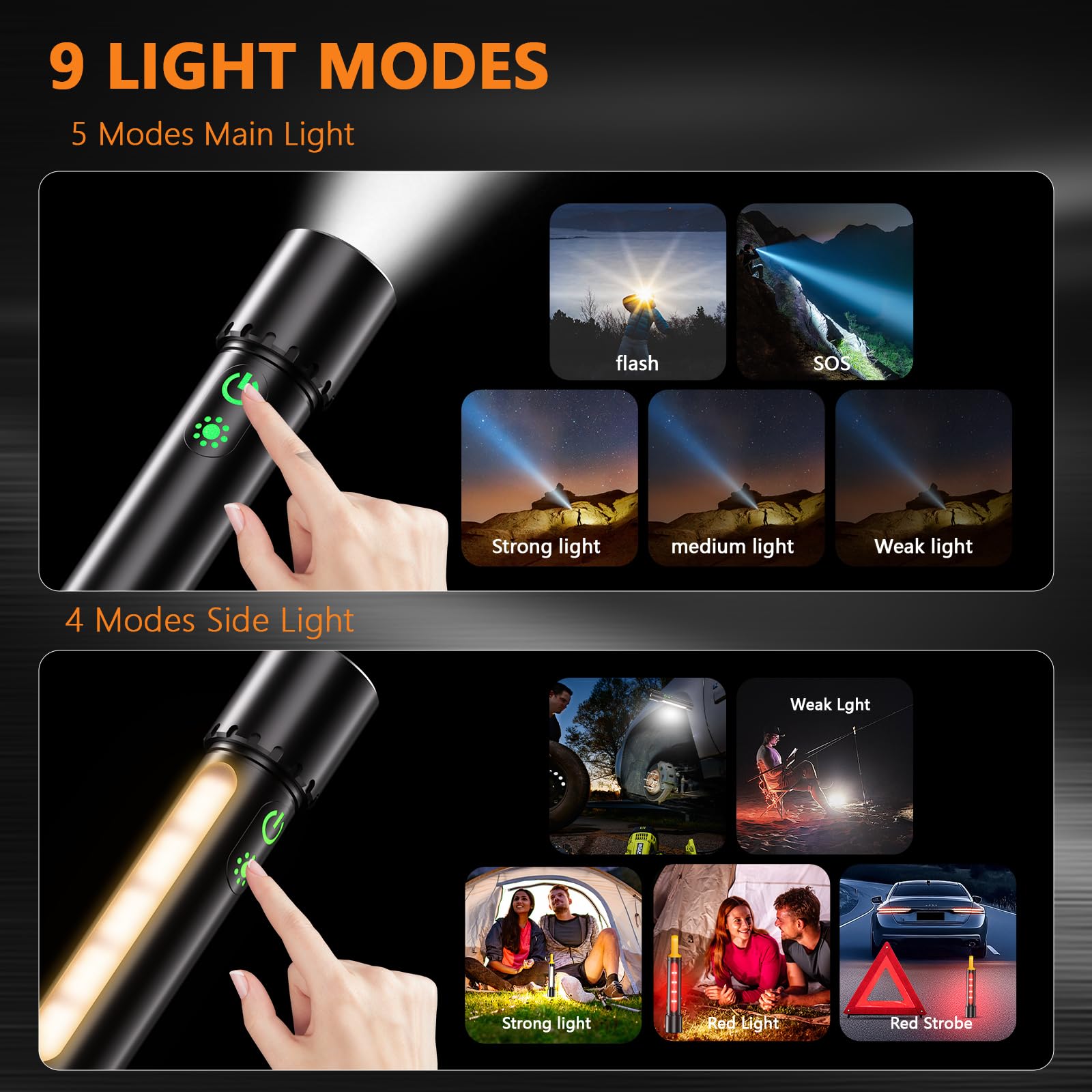 IPEROT flashlight with tail hook for easy carrying on hikes.