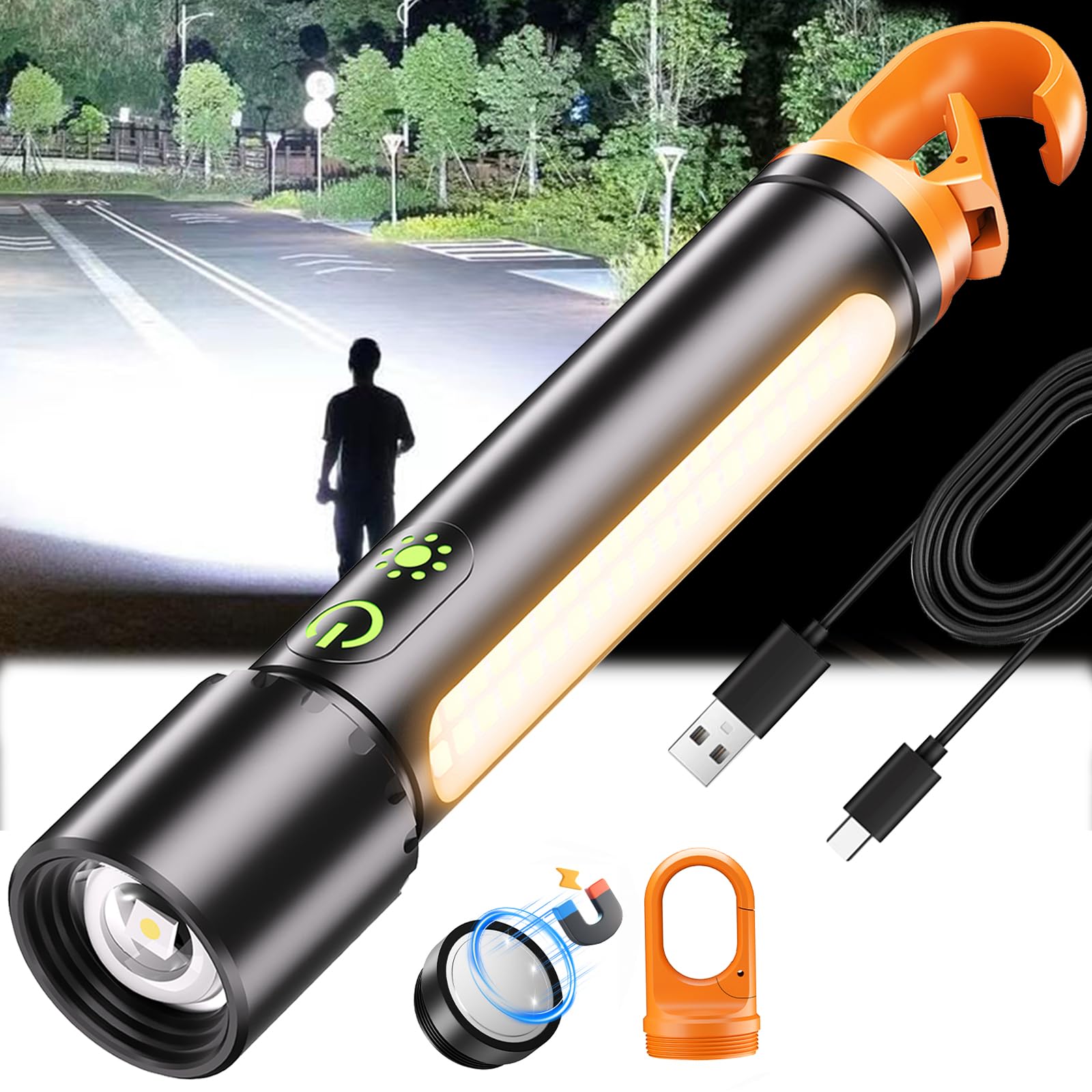 IPEROT rechargeable LED flashlight beam for long-range visibility in outdoor missions.