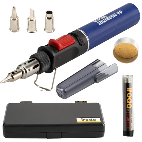 IRODA SolderPro 90K 3-in-1 tool shown performing soldering and hot air tasks.