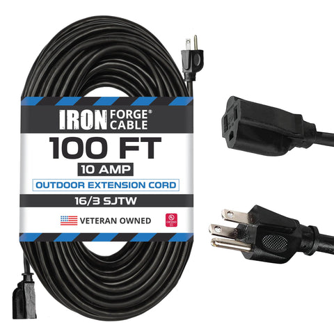 Iron Forge Cable 100 ft extension cord in outdoor use, ready for outdoor power tasks.