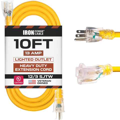 IRON FORGE CABLE 10ft lighted extension cord enables safer outdoor use with visible end.