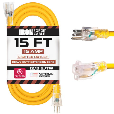 IRON FORGE CABLE 15ft lighted end extension cord for outdoor safety and visibility.