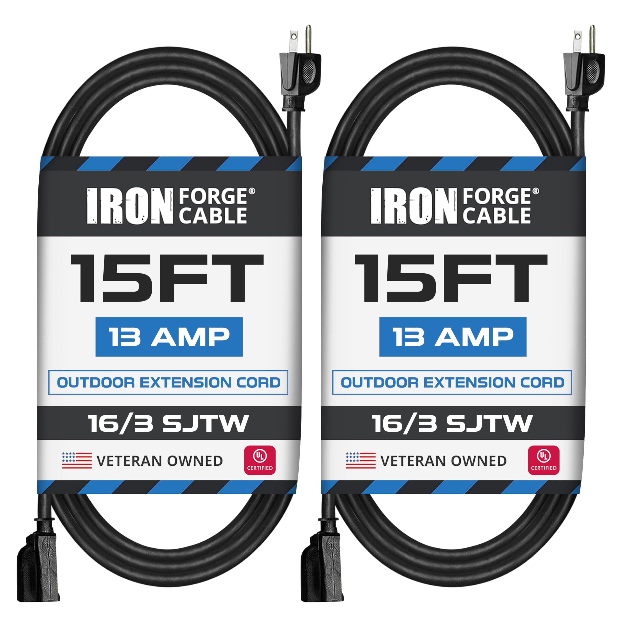 IRON FORGE CABLE 2 PACK 15 FT extension cord for outdoor use, ideal for garden equipment.
