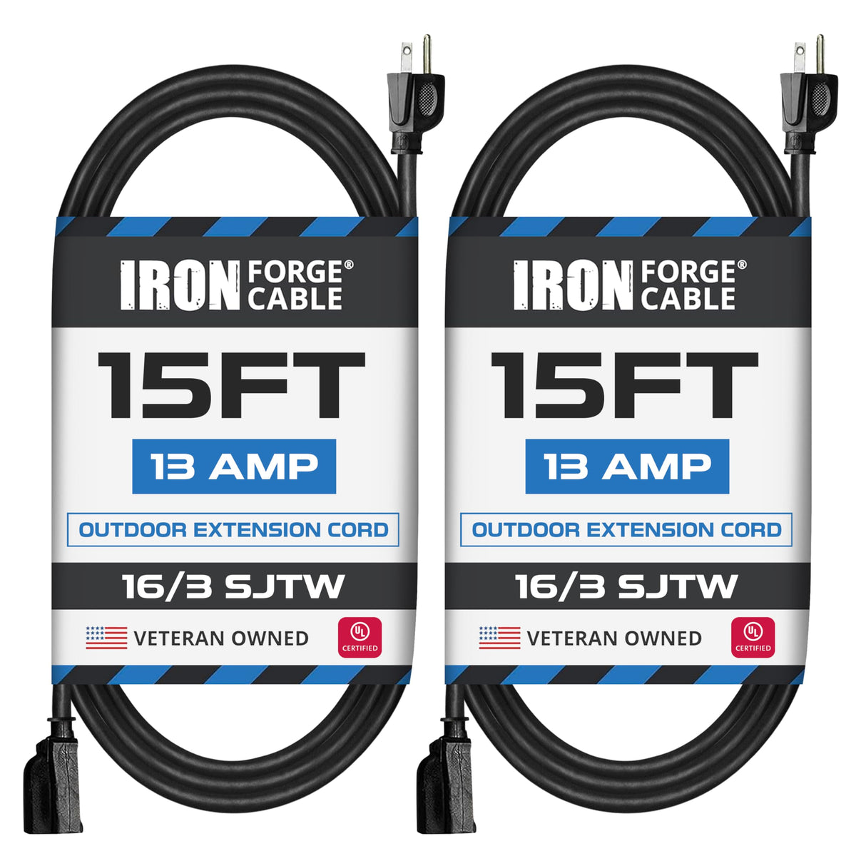 IRON FORGE CABLE 2 PACK 15 FT extension cord for outdoor use, ideal for garden equipment.