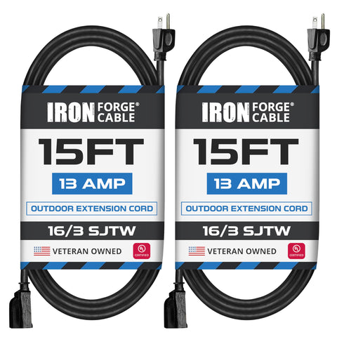 IRON FORGE CABLE 2 PACK 15 FT extension cord for outdoor use, ideal for garden equipment.