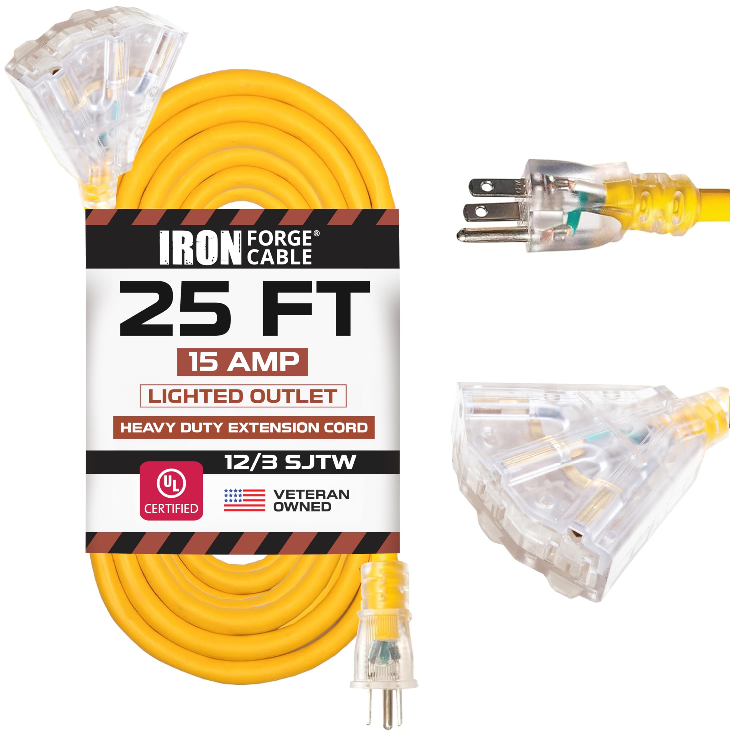Iron Forge Cable 25ft lighted outdoor extension cord for safe outdoor power access.