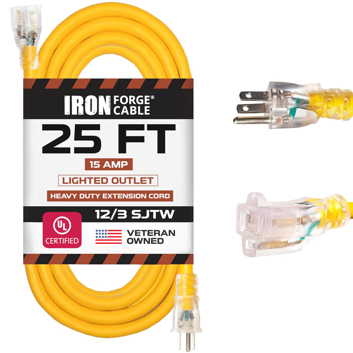 IRON FORGE CABLE 25ft lighted end extension cord for safer outdoor use.