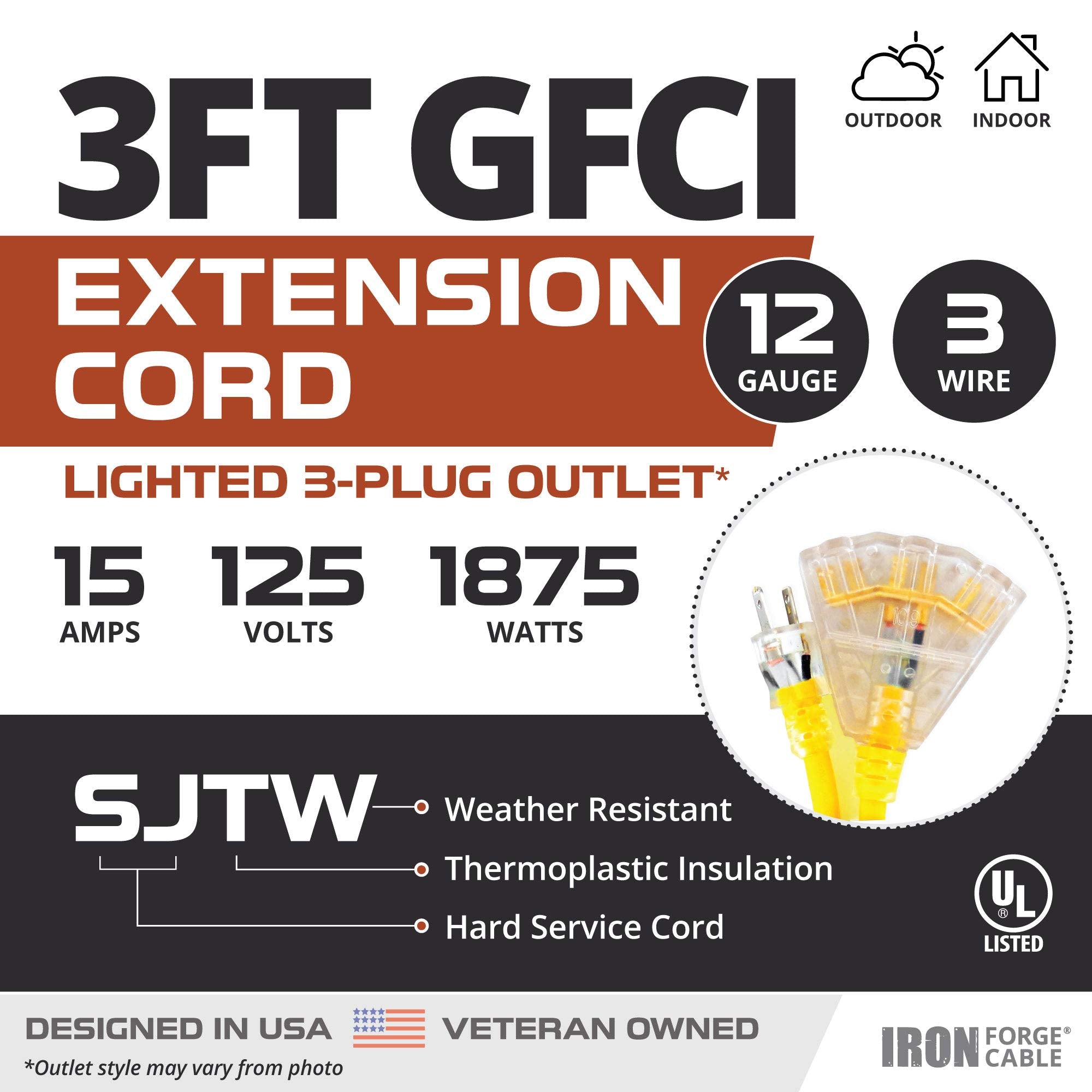 Iron Forge Cable three-outlet extension cord enabling multiple devices outdoors.