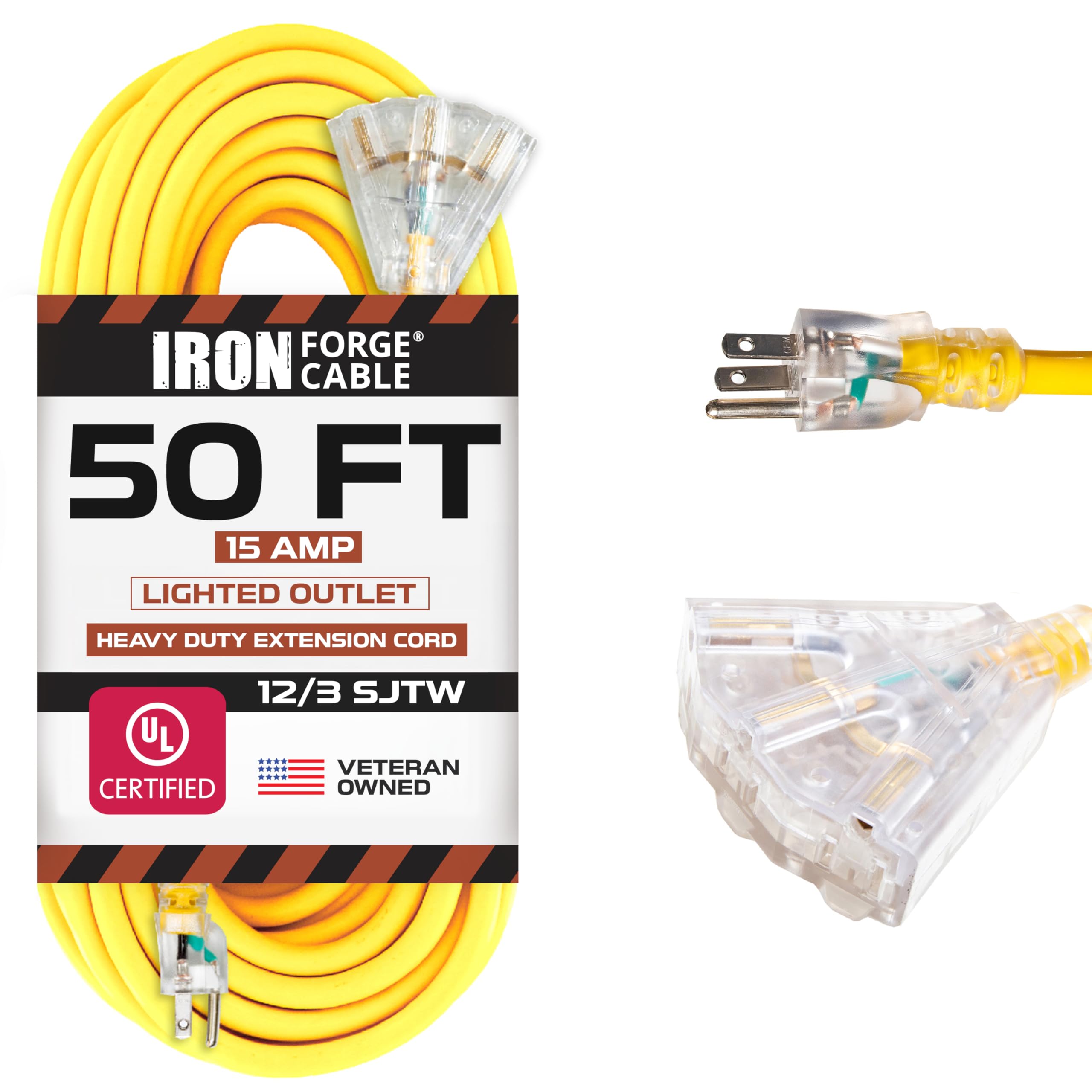 Iron Forge Cable 50ft lighted end extension cord with three outlets for outdoor use