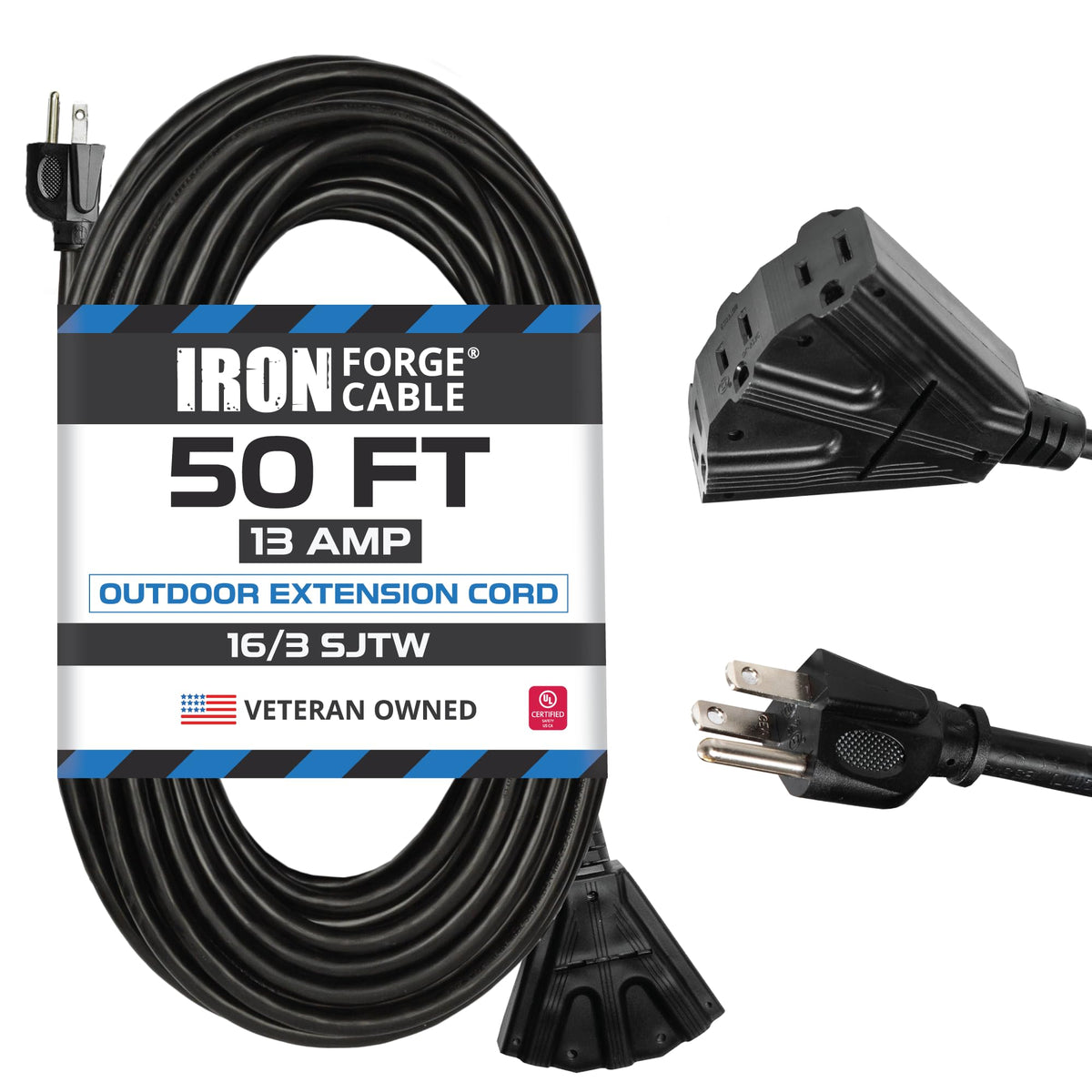 Iron Forge Cable 50ft outdoor extension cord with three outlets for versatile outdoor power