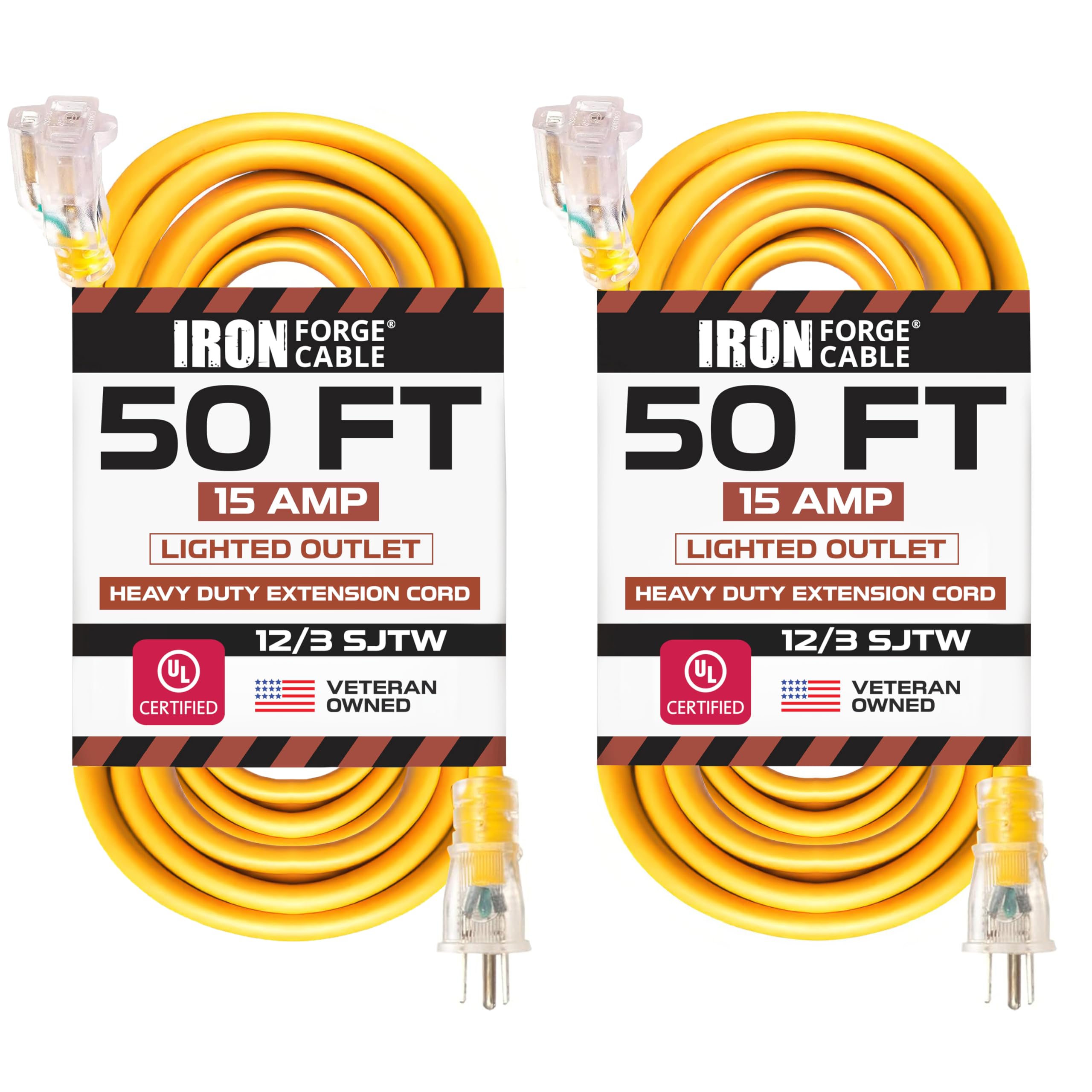 IRON FORGE CABLE 50ft outdoor extension cord with yellow jacket for heavy use.