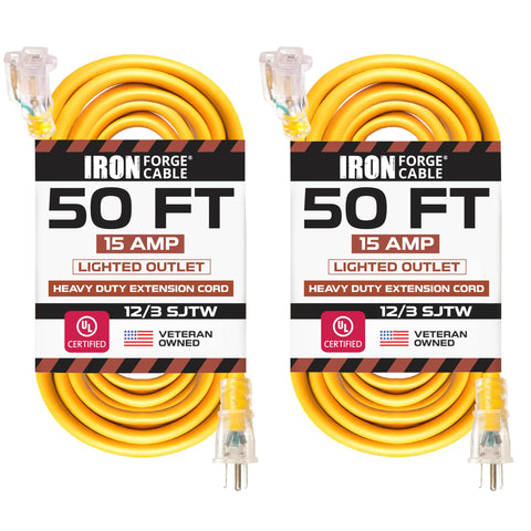 IRON FORGE CABLE 50ft outdoor extension cord with yellow jacket for heavy use.