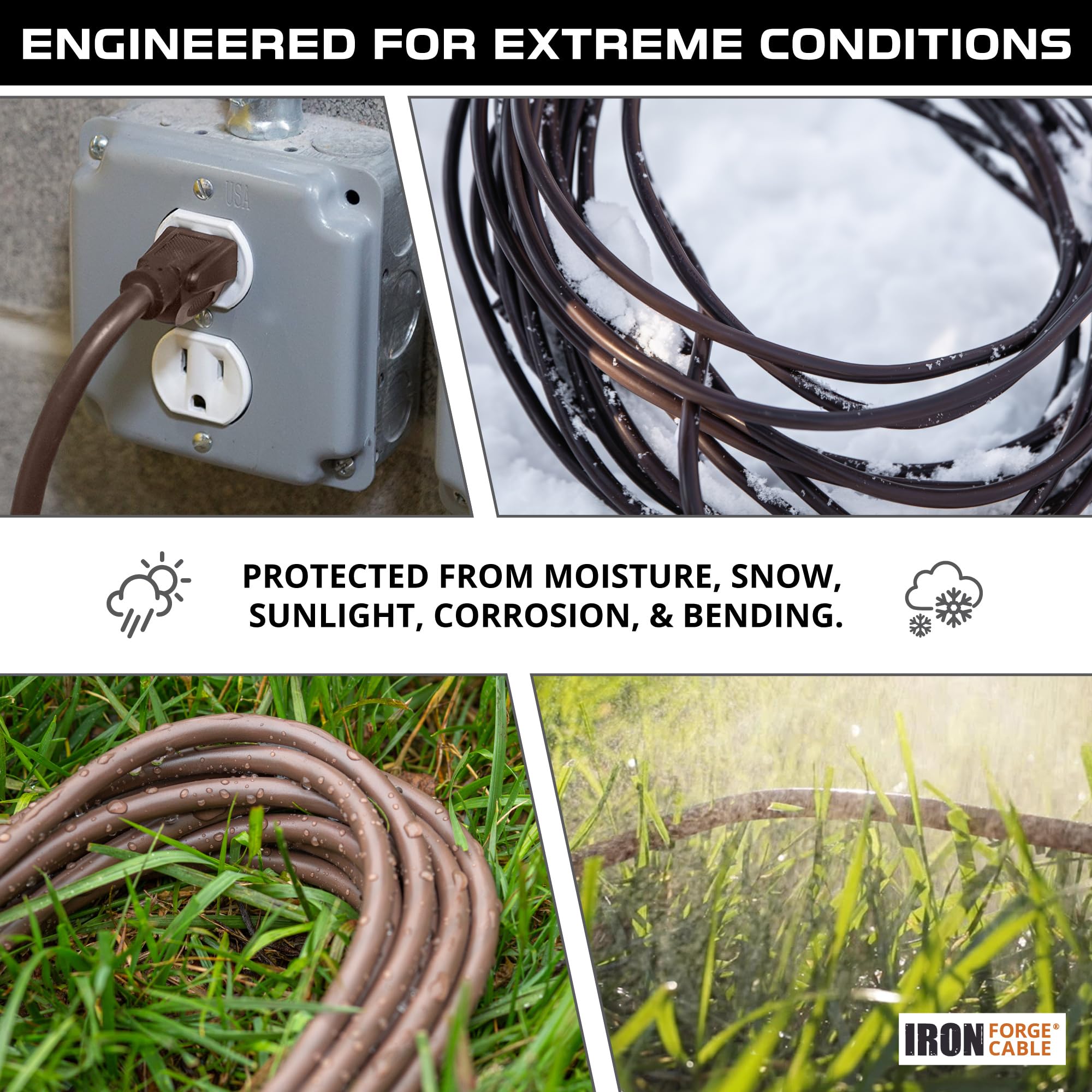 Iron Forge Cable flexible-in-freeze-brown-extension-cord stays pliable in extreme temps.