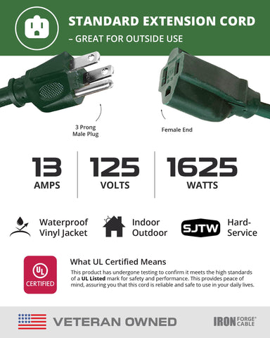 Iron Forge Cable grounded 3-prong plug ensures safe power connection outdoors.