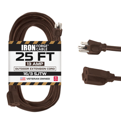 Iron Forge Cable outdoor-brown-extension-cord-25ft provides reliable power for outdoor tools.
