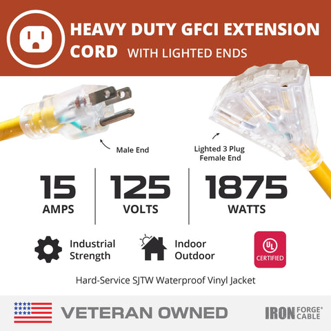Iron Forge Cable reinforced prongs for durability on heavy-duty extension cords