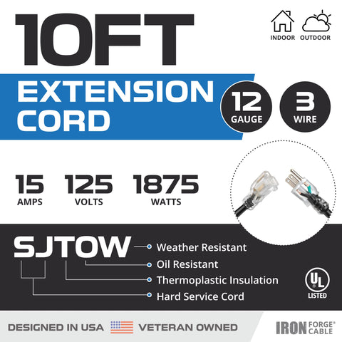 Iron Forge Cable 12ga SJTOW extension cord with three-prong plug for safe outdoor power.