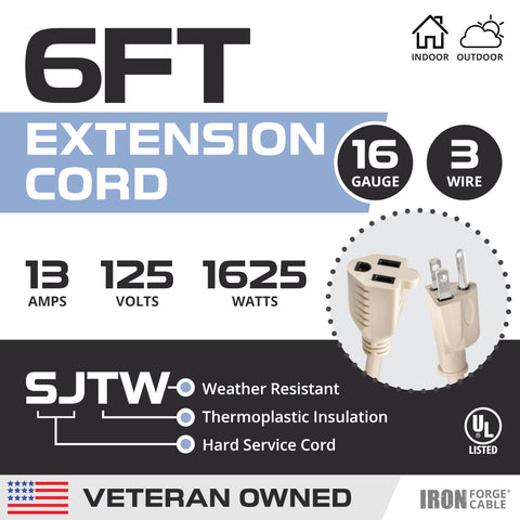 Iron Forge Cable SJTW 6 ft extension cord withstands rain and sun.